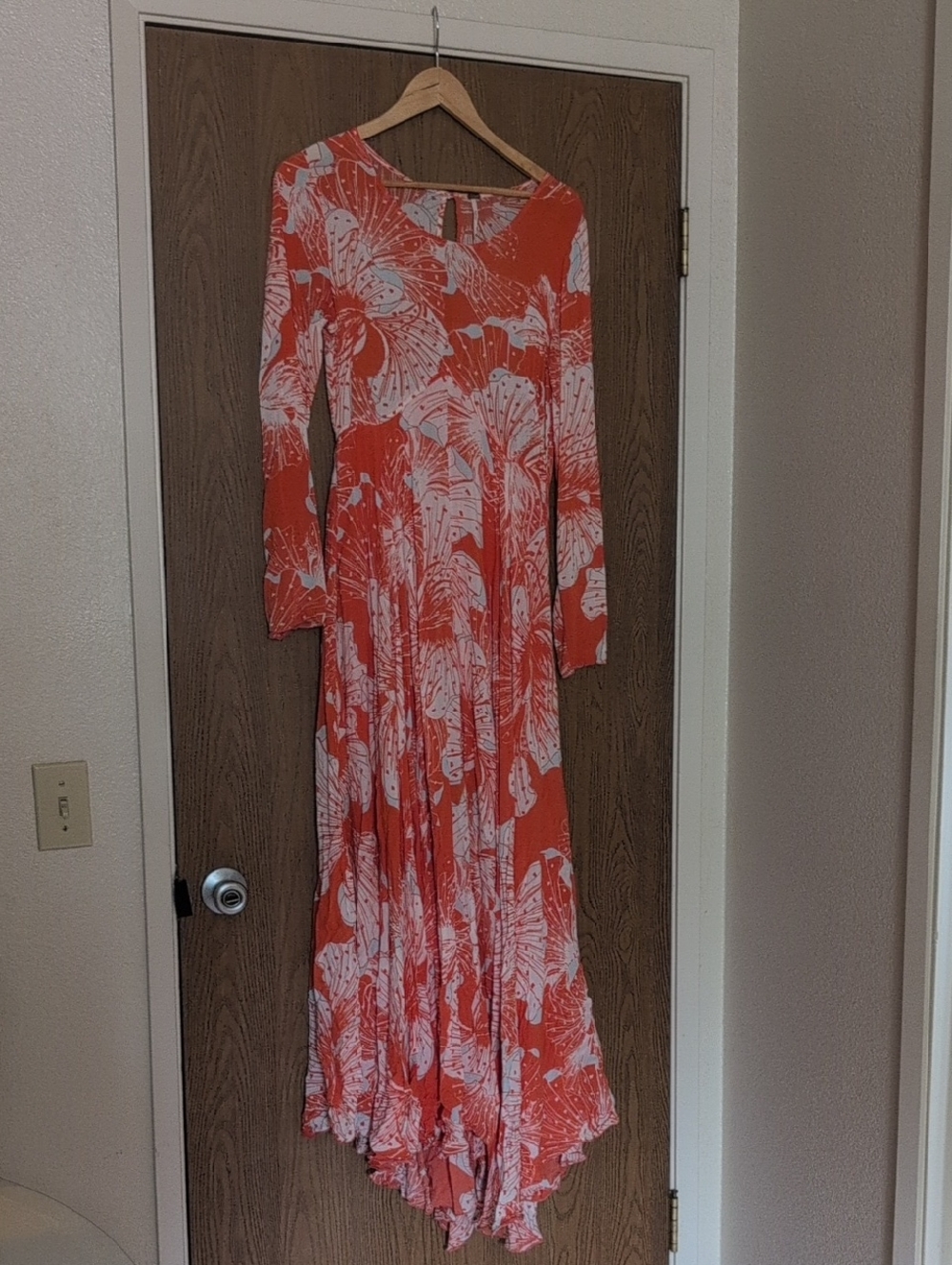 Free People Coral & White Botanical Maxi Dress